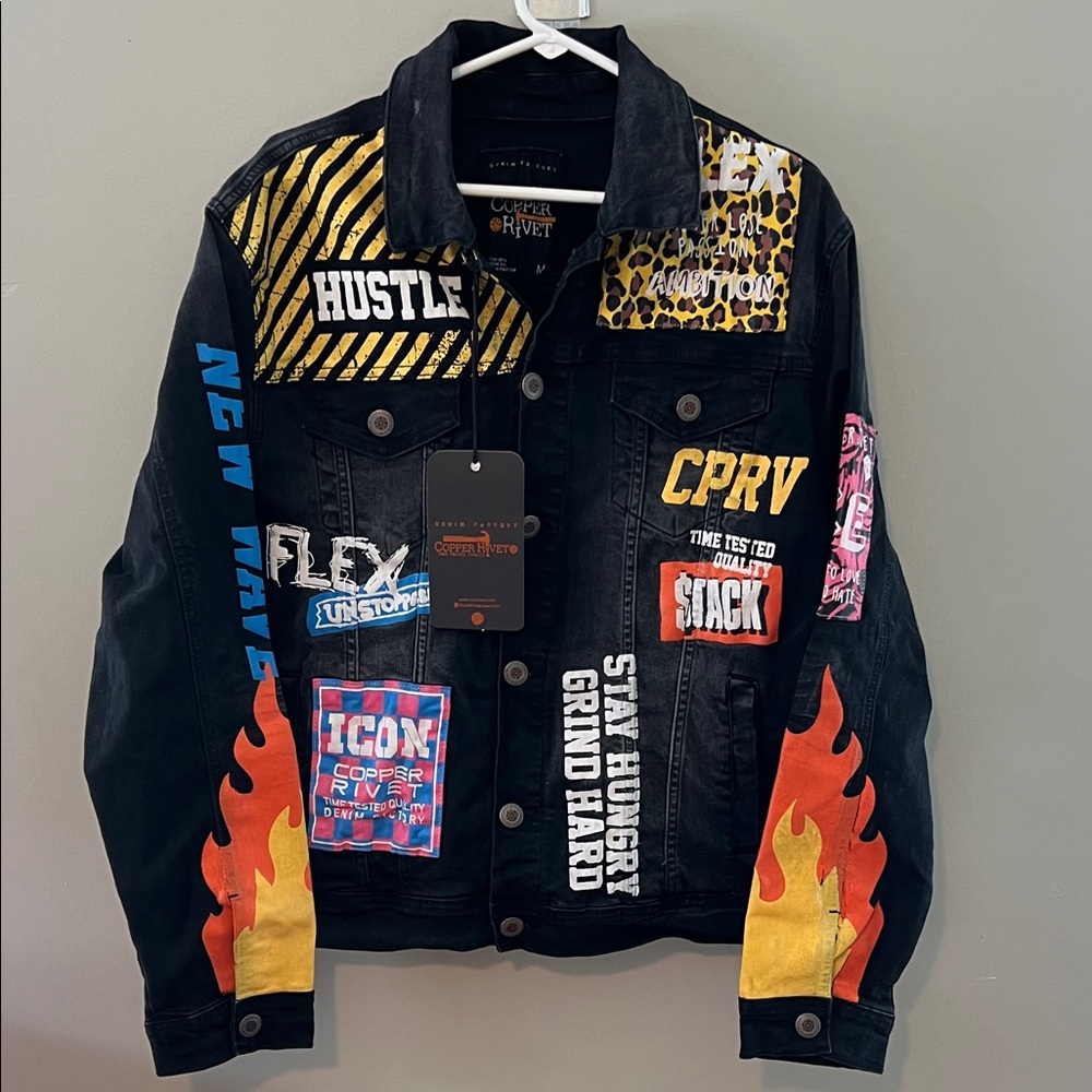 NWT Copper Rivet Men's Black Graffiti Graphic Stretch Denim Jacket Size Medium